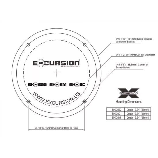 Excursion SHX-5C 2-drożny samochodowy zestaw głośnikowy: 2 woofery 130mm, 2 tweetery 25mm, 2 zwrotnice - 3ohm, 75/200W, 91dB, 55-21000Hz, głębokość 57